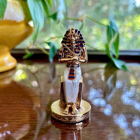Vintage Egyptian Pharaoh Figurine – Gold & Enamel King Tut Statue – 2.75” Tall - Picture 1 of 10